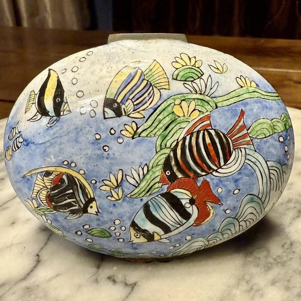 Hand Painted Enamel Metal Brass Fish‎ Aquatic Trinket Box Hinged Lid Ocean Sea